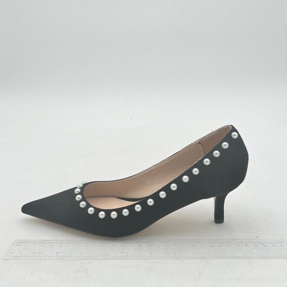 YDN Black Suede Pearl Kitten Heel Pumps Pointed Toe Dress Shoes for Office Lady - Picture 2 of 8